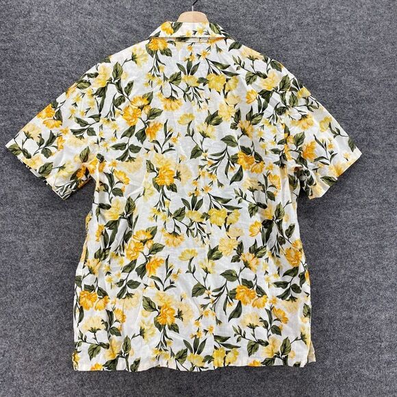 Old Navy Shirt Men M Medium White Floral Button Up Collared Linen Short Sleeve - Picture 2 of 9